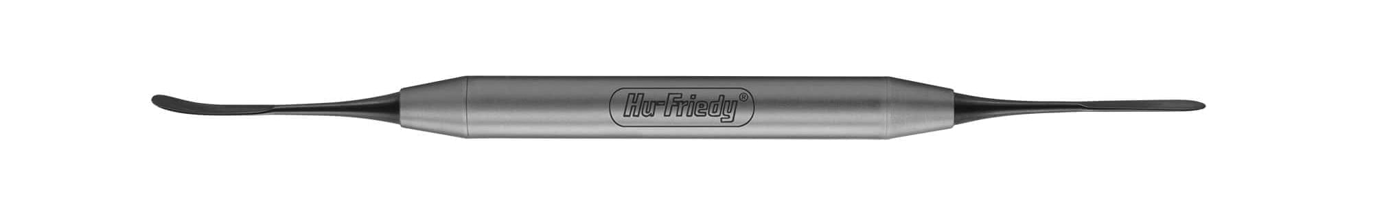 The Hu-Friedy Periosteal, Allen Elev, Ant Black Line is a double-ended stainless steel dental tool with curved tips for cleaning or sculpting, shown isolated on a white background.