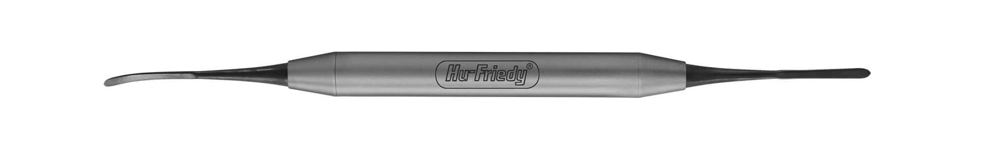 The Hu-Friedy Periosteal, Allen Elevator, Black Line is a double-ended dental tool with a curved metal pick on one end and a flat blade on the other, featuring an engraved logo handle against a white background.