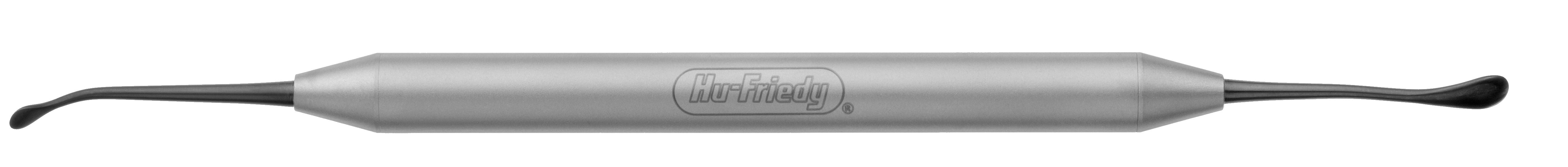 The Hu-Friedy Buser/Hourigan Periosteal Elevator by Hu-Friedy is a double-ended dental tool with a cylindrical metal handle and curved tips, used for shaping or contouring dental materials during implant surgery.