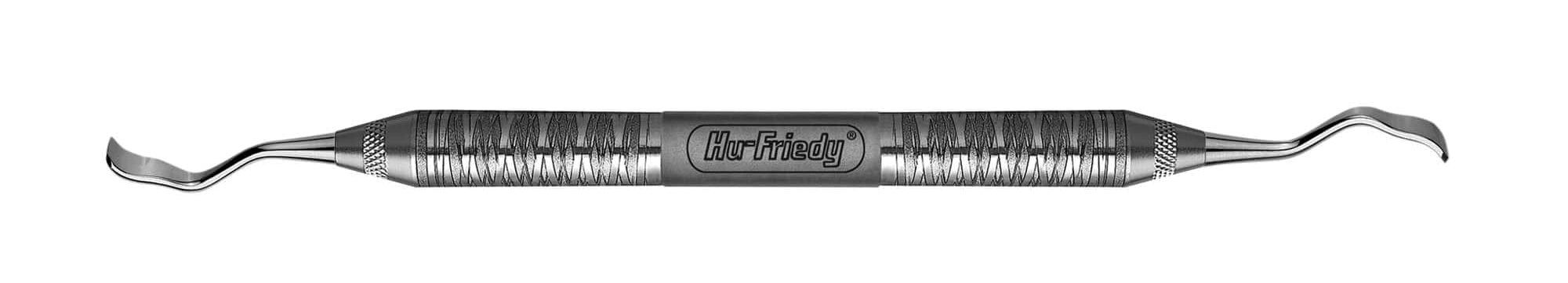 The Hu-Friedy Buser Modified Periodontal Chisels are metal dental tools made from surgical-grade stainless steel, featuring textured grip handles, curved pointed ends on both sides, and the Hu-Friedy brand name engraved in the center.