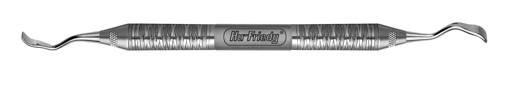 The Hu-Friedy Buser Modified Periodontal Chisel is a surgical-grade stainless steel dental instrument with textured dual grips, tapered ends, and curved tips, featuring "Hu-Friedy" on the handle. Ideal for periodontal procedures.