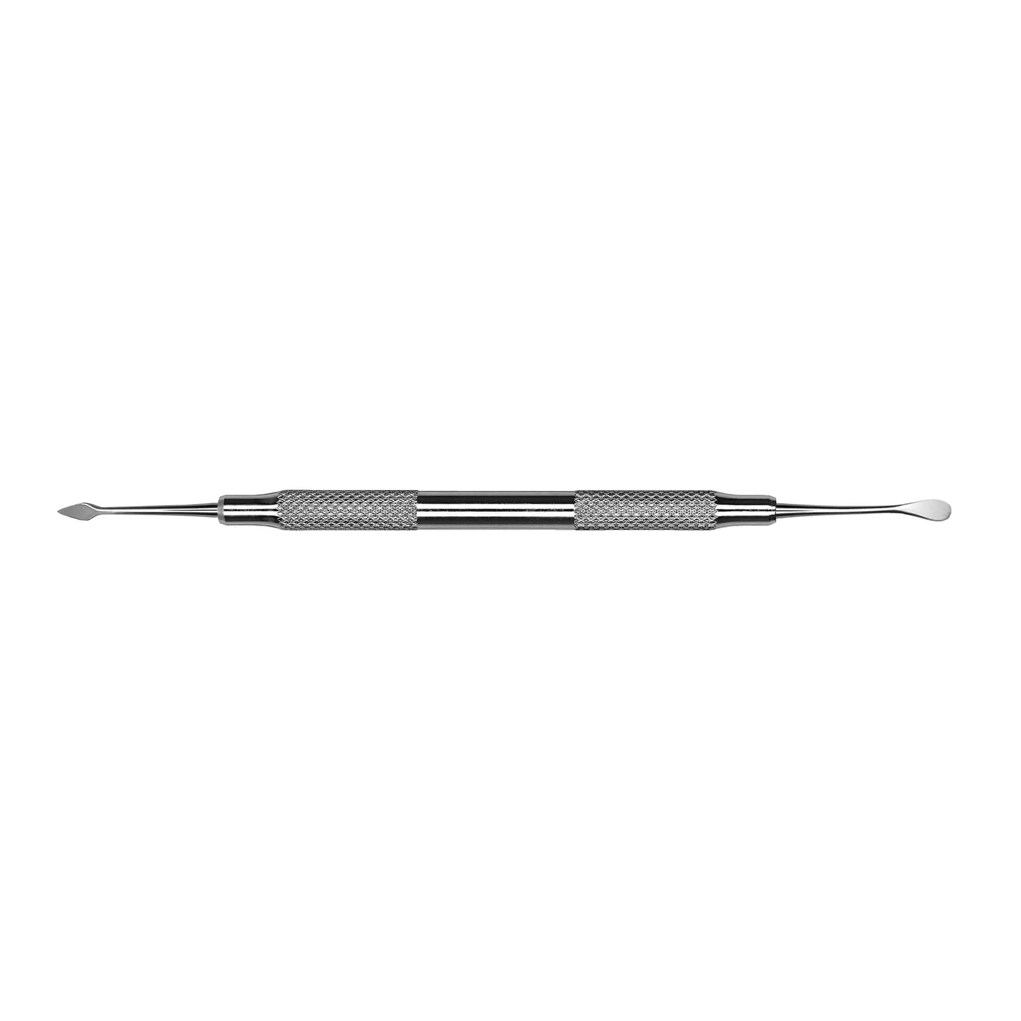 The Hu-Friedy Buser Periosteal Elevator is a double-ended metal dental instrument with textured mid-grips; one end features a pointed flat tip and the other a rounded flat tip.