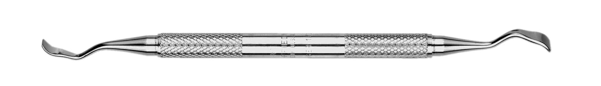 The Hu-Friedy Buser Modified Periodontal Chisels by Hu-Friedy are double-ended, surgical-grade stainless steel dental tools with a textured center grip and curved, flat tips, commonly used for bone removal during dental procedures.