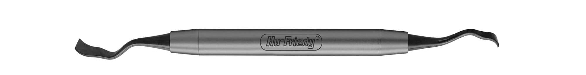The Hu-Friedy Buser Modified Periodontal Chisels are surgical-grade stainless steel dental instruments with curved, pointed ends and the Hu-Friedy name engraved, commonly used for periodontal procedures and bone removal.