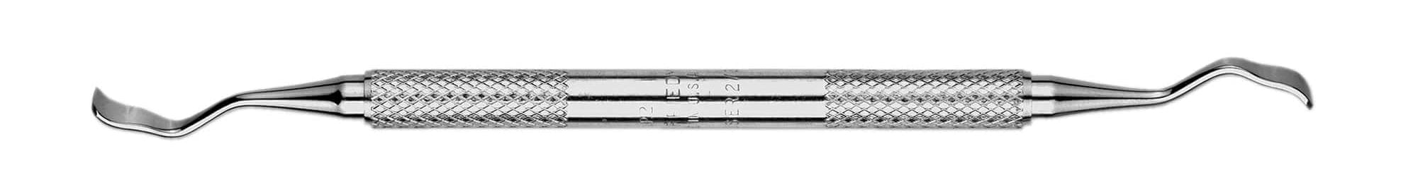 The Hu-Friedy Buser Modified Periodontal Chisels by Hu-Friedy are stainless steel dental tools with textured grips and angled tips on both ends, designed for cleaning teeth or harvesting transplantation material. Photographed on a white background.