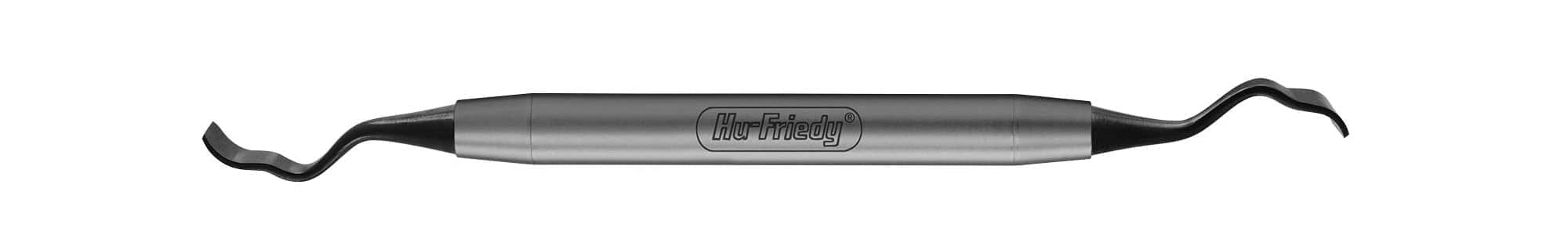 The Hu-Friedy Buser Modified Periodontal Chisel is a surgical-grade stainless steel dental instrument with two curved, pointed ends and a textured center grip, designed for precision in periodontal procedures.