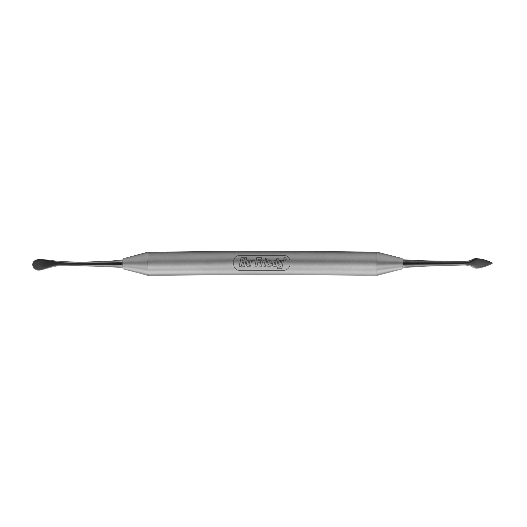 The Hu-Friedy Buser Periosteal Elevator by Hu-Friedy is a double-ended metal tool with flat and pointed tips for handling concentrates, shown on a white background.