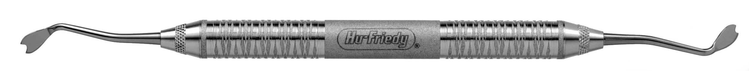 The Hu-Friedy Chu Prosthetic Placement Instrument is a double-ended dental tool with a textured grip and angled metal tips for implant and restorative procedures, featuring "Hu-Friedy" engraved on its handle.