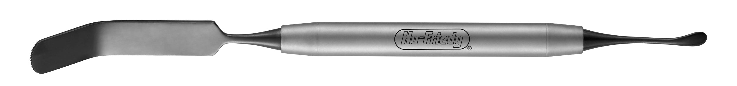 The Hu-Friedy 3 Labanca Modified Periosteal Elevator is a stainless steel instrument with a flat, serrated blade on one end and a curved, rounded tip for soft-tissue retraction, featuring the engraved Hu-Friedy logo.