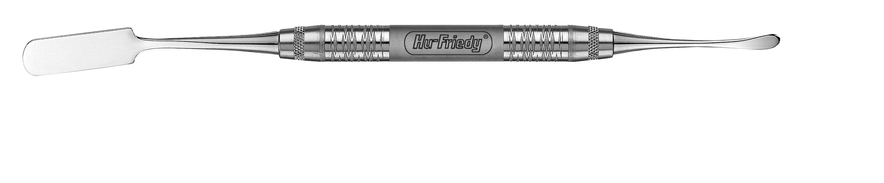The Hu-Friedy 1 Labanca Periosteal Elevator is a double-ended stainless steel tool for mucoperiosteum retraction in periodontal surgery, with a flat spatula on one end, a rounded spoon tip on the other, and "Hu-Friedy" engraved at the center.