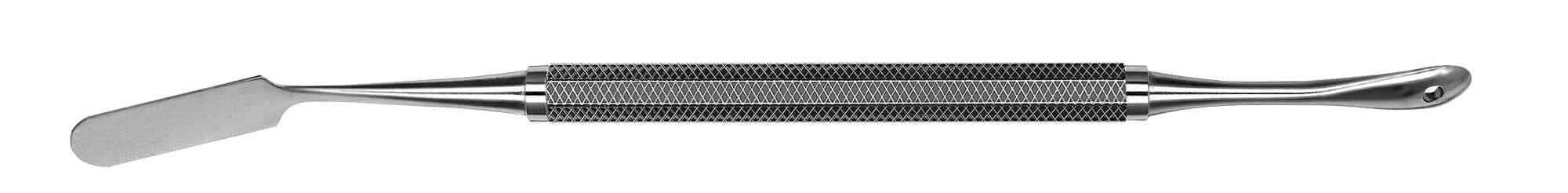 The Hu-Friedy #3/9A Periosteal is a double-ended stainless steel dental instrument featuring a flat spatula on one end and a small, rounded scoop on the other, ideal for mixing or applying substances.
