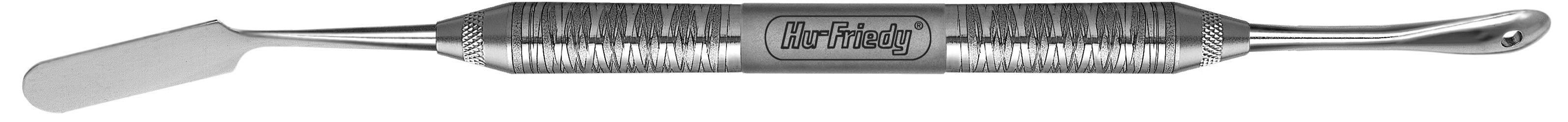 The Hu-Friedy #3/9 Allen Periosteal Elevator by Hu-Friedy is a double-ended metal dental tool for periodontal surgery, featuring a flat angled spatula on one end and a rounded curved tip on the other, plus a textured grip.