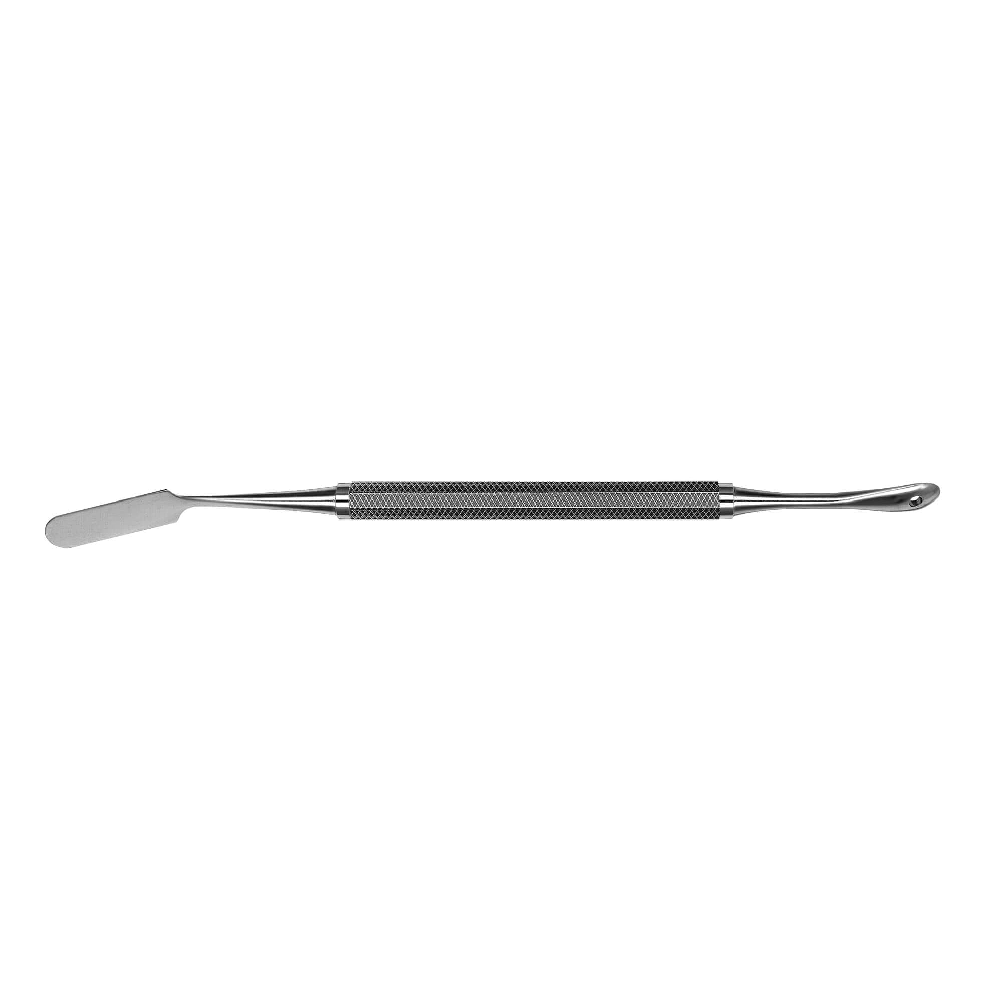 The Hu-Friedy PR-3 Prichard Periosteal is a double-ended metal tool with a flat spatula and curved scoop tip, designed for nail care or cuticle maintenance.