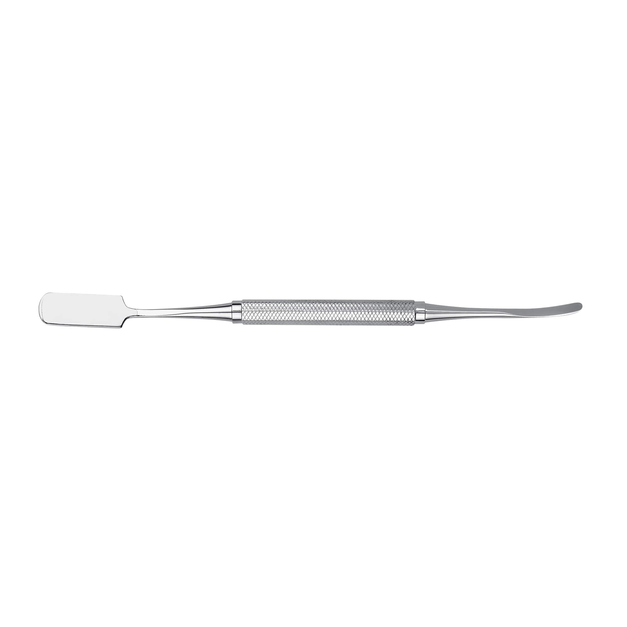 The Hu-Friedy PERIOSTEAL 3M/SPATULA-HFE is a double-ended stainless steel dental instrument with a flat perosteal spatula on one end, a curved tip on the other, and a textured grip in the center.