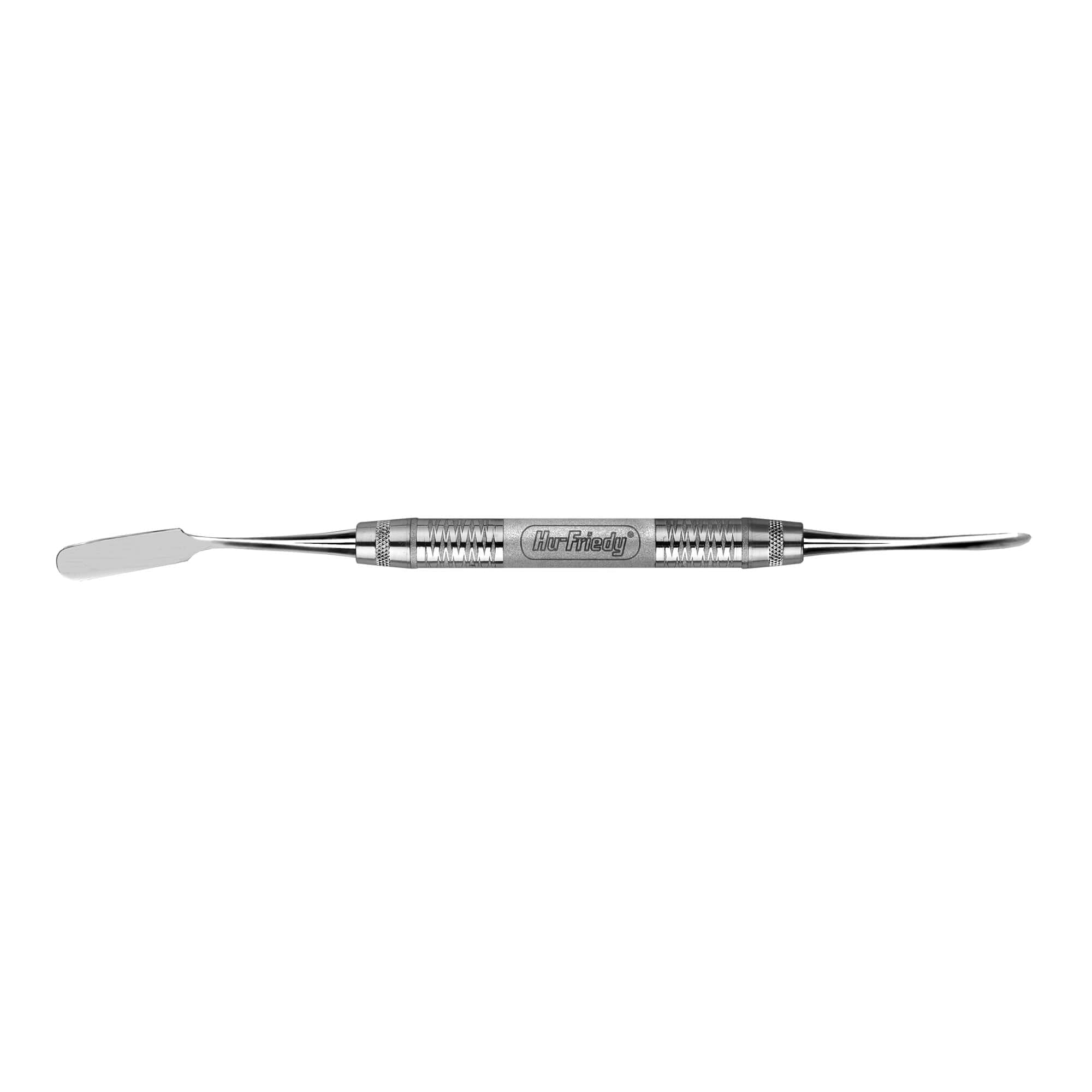 The Hu-Friedy PR-3 PRICHARD PERIOSTEAL with a #6 handle is a double-ended stainless steel dental tool featuring a flat spatula on one end and a curved, pointed tip on the other—ideal for dental or lab procedures.