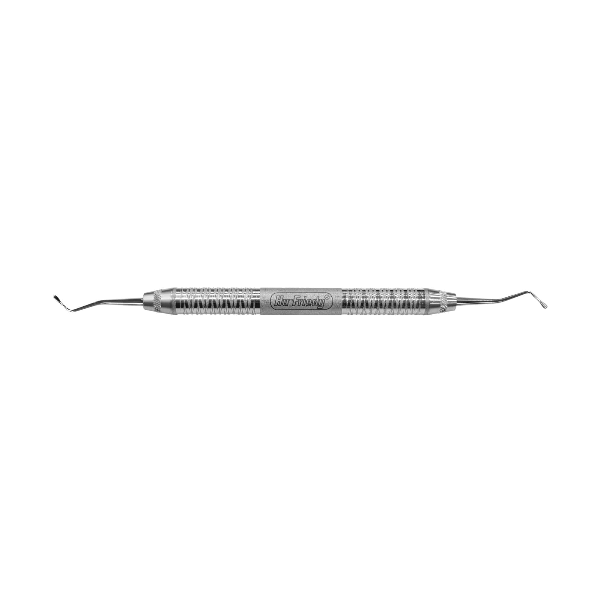 The Hu-Friedy SICILIA MODIFIED PERIOSTEAL is a stainless steel dental instrument with textured grip and curved tips on both ends, designed for dental procedures, displayed on a white background.