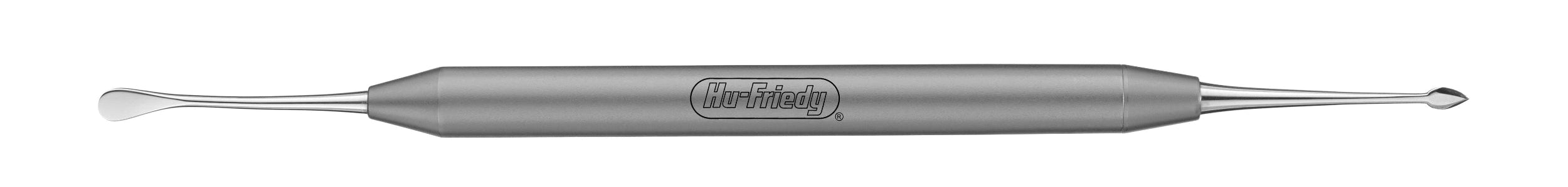 The Hu-Friedy Periosteal Splitter Steigmann features a double-ended stainless steel design with a curved spatula tip and small pointed tip, plus a textured grip handle with center-engraved logo; ideal for flap advancement.