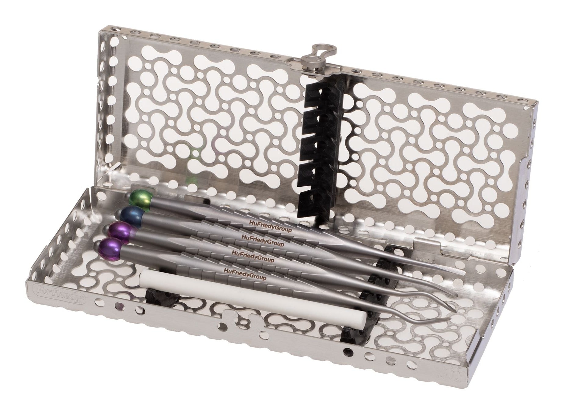 The Hu-Friedy ProLux Luxating Elevators Kit of 4 includes four stainless steel dental elevators with colored tips, housed in a perforated metal case with individual slots for organized storage.