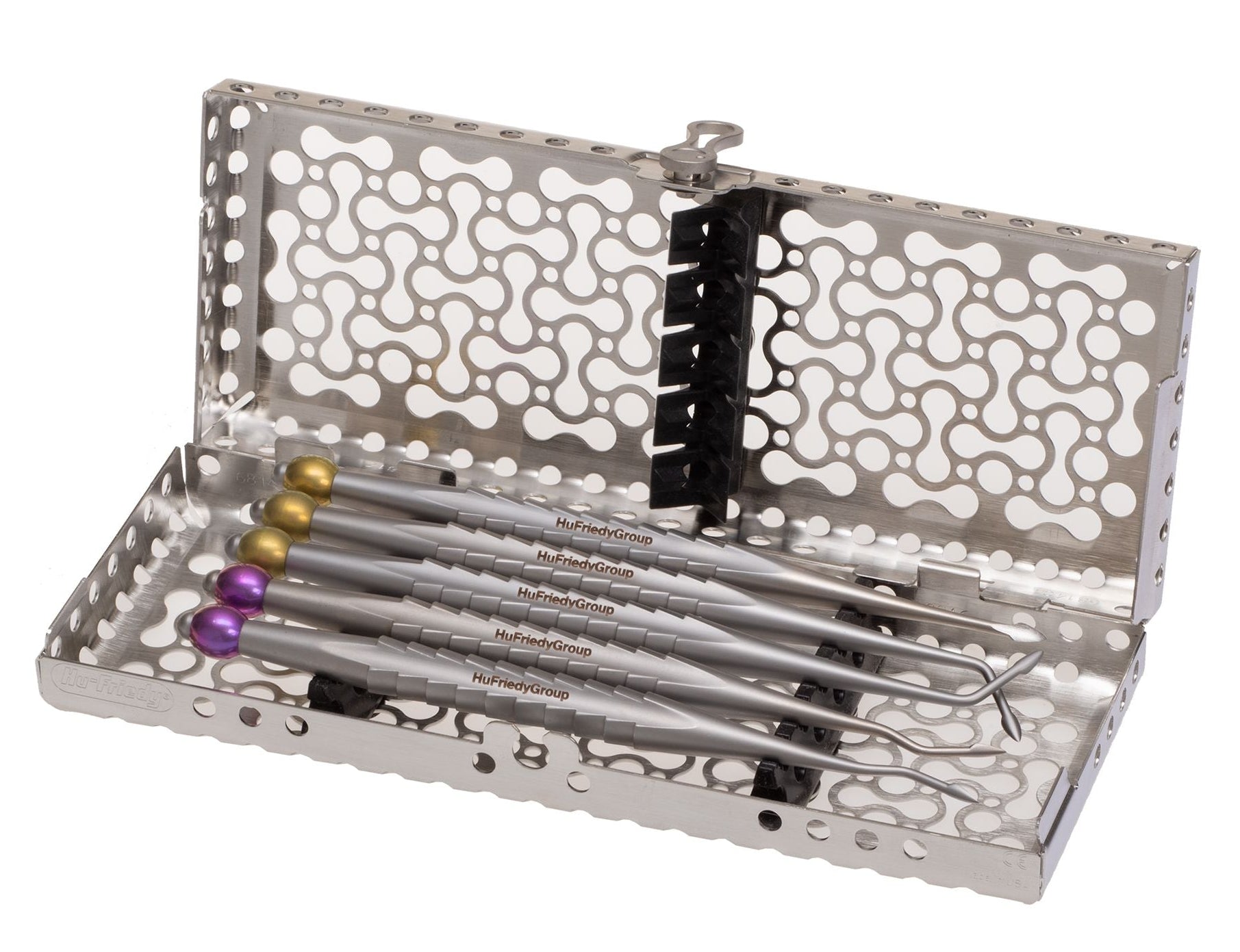 The Hu-Friedy ProLux Luxating Elevator Spade Kit features a perforated metal case holding five color-coded dental instruments, neatly arranged in parallel slots inside the open box.