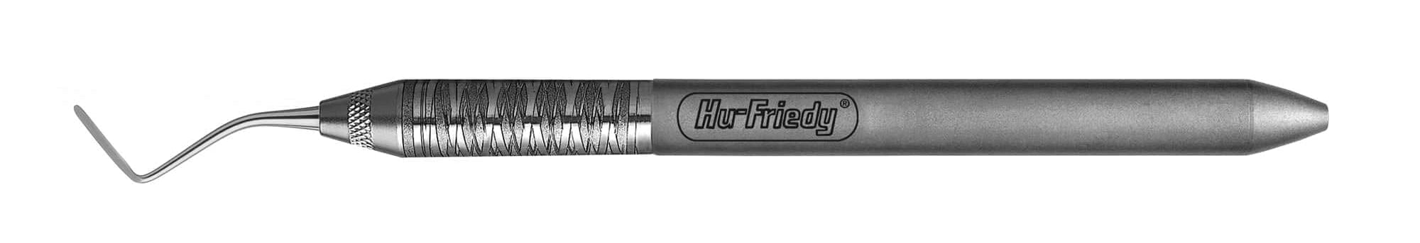 The Hu-Friedy PT 3/4/5 Single-Ended Periotome is a metal dental tool with a textured grip and thin, angled tip for atraumatic tooth extraction. The handle features the engraved Hu-Friedy logo.