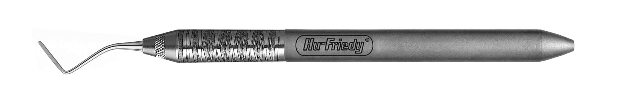 The Hu-Friedy PT 3/4/5 Single-Ended Periotome is a stainless steel dental instrument with a textured grip and thin, angled tip, designed for atraumatic tooth extraction by gently severing the periodontal ligament.