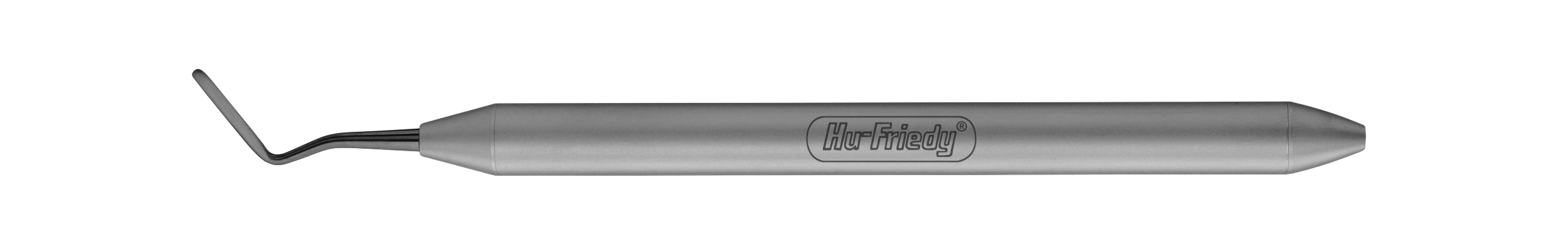 The Hu-Friedy PT 3/4/5 Single-Ended Periotome is a metal dental tool with a flat, angled tip and cylindrical handle, designed for atraumatic tooth extraction by gently separating the periodontal ligament.