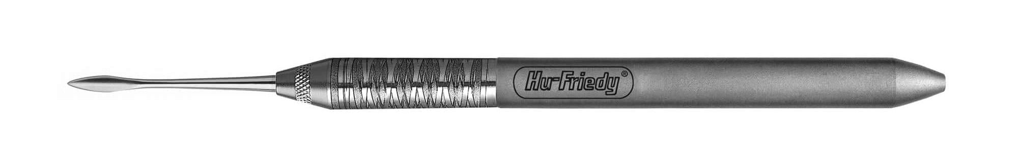 The Hu-Friedy PT 3/4/5 Single-Ended Periotome, by Hu-Friedy, features a textured grip and curved spatula-like tip for atraumatic tooth extraction and gentle periodontal ligament separation, shown on a white background.