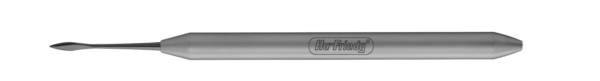 The Hu-Friedy PT 3/4/5 Single-Ended Periotomes is a stainless steel instrument with a narrow, curved tip for atraumatic extractions and a cylindrical handle engraved with the Hu-Friedy logo, shown on a white background.