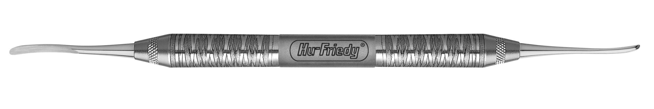 The Hu-Friedy 1 Trombelli Periosteal Elevator is a double-ended stainless steel dental tool with a satin handle, textured grips, curved tips, and the brand name engraved in the center.