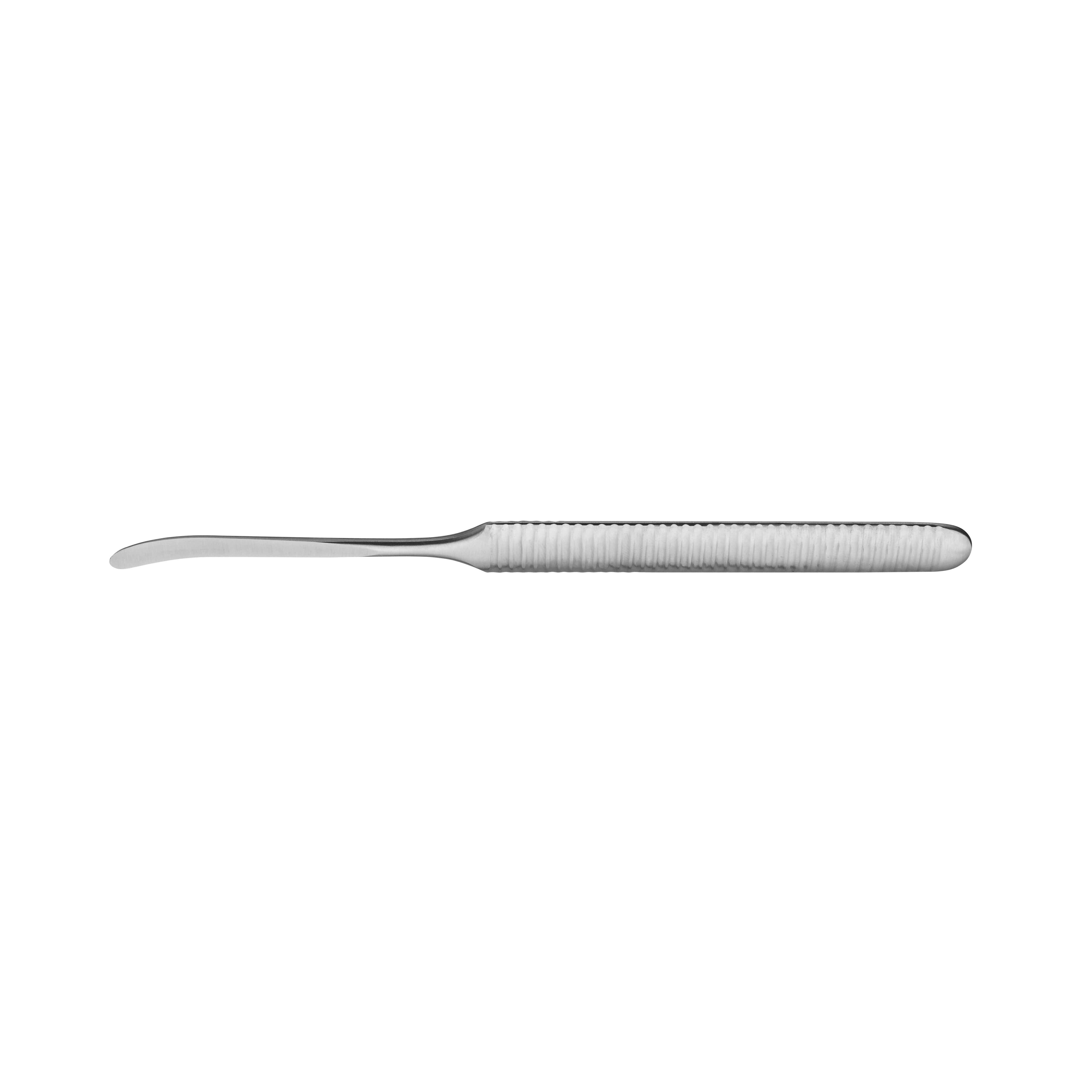 The Hu-Friedy Wiliger Periosteal Elevator by Hu-Friedy features a curved, flat tip and a textured cylindrical handle for mucoperiosteal reflection in oral surgery, shown isolated on a white background.