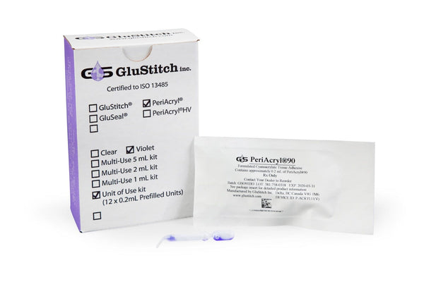 A box labeled Glustitch stands upright beside a foil packet and a clear applicator with purple liquid, highlighting PeriAcryl Single Dose Oral Tissue Adhesive (0.2 mL x 12), designed for oral surgical site protection.