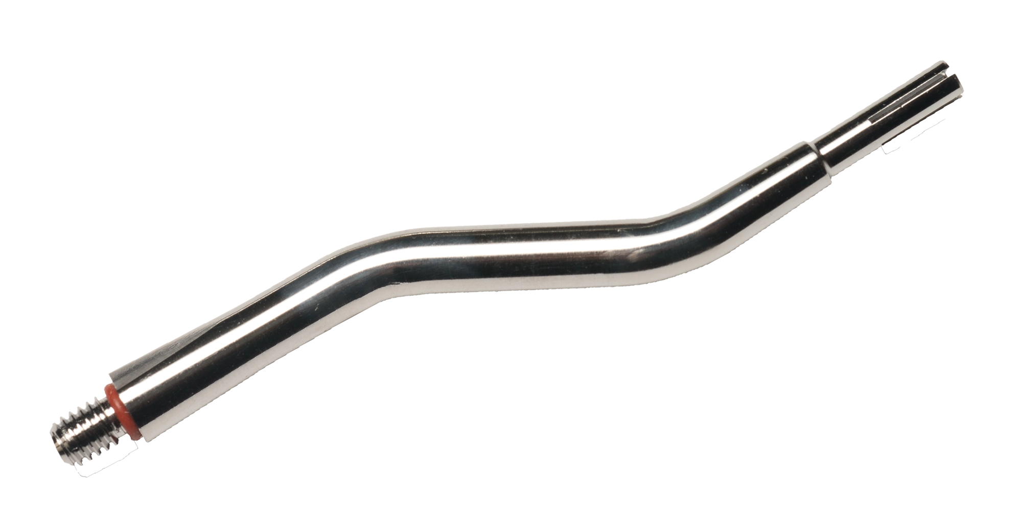 The McBio SuperTack Offset Applicator Tip – Stainless Steel features a metallic, curved design with a threaded end and an open slotted tip for precise fixation tack placement in GBR workflows, shown isolated on a white background.