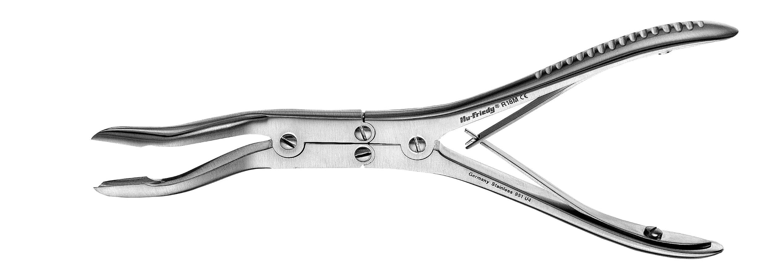 The Hu-Friedy Double-Action Beyer / Boehler Rongeurs by Hu-Friedy are stainless steel surgical instruments with curved, serrated jaws and spring-loaded handles, designed for cutting and removing alveolar bone or tough tissue in oral surgery.
