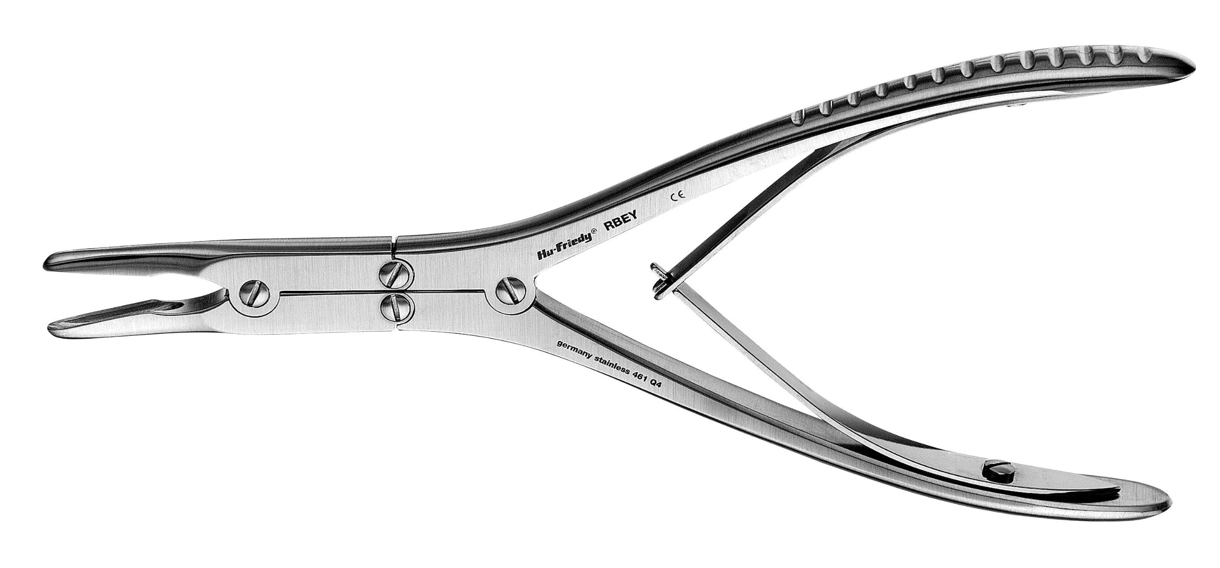 The Hu-Friedy Double-Action Beyer/Boehler Rongeurs are stainless steel tools with curved, scoop-shaped jaws and a spring-loaded handle designed for cutting and removing alveolar bone in oral surgery.
