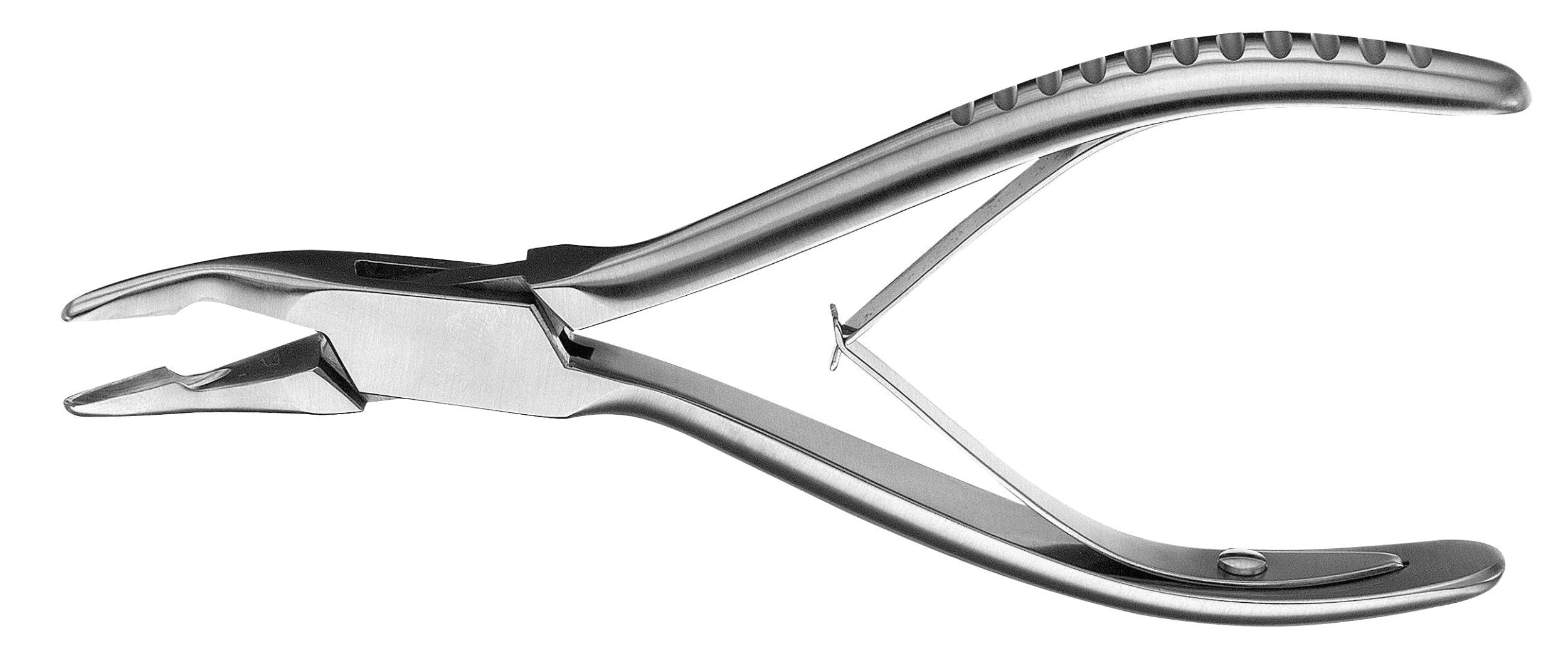 The Hu-Friedy Blumenthal 30 degree Rongeurs by Hu-Friedy is a stainless steel dental plier with grooved handles and a spring mechanism, shown standing upright on a white background.