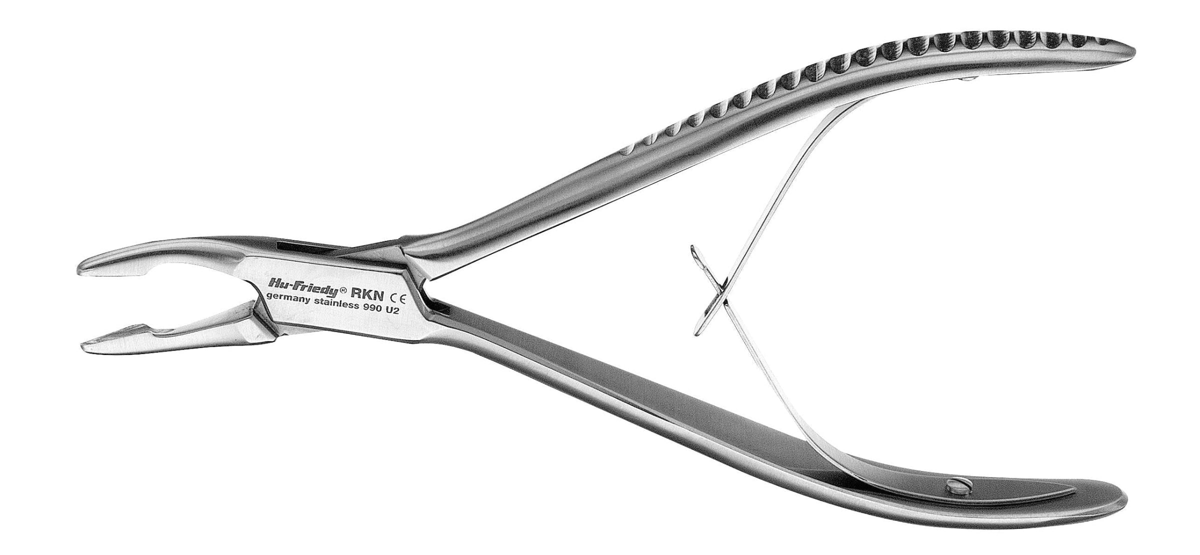 The Hu-Friedy Kramer-Nevins Rongeurs by Hu-Friedy are stainless steel dental forceps with a curved handle and notched gripping end, designed for tooth removal and alveolar bone trimming during periodontal surgery.