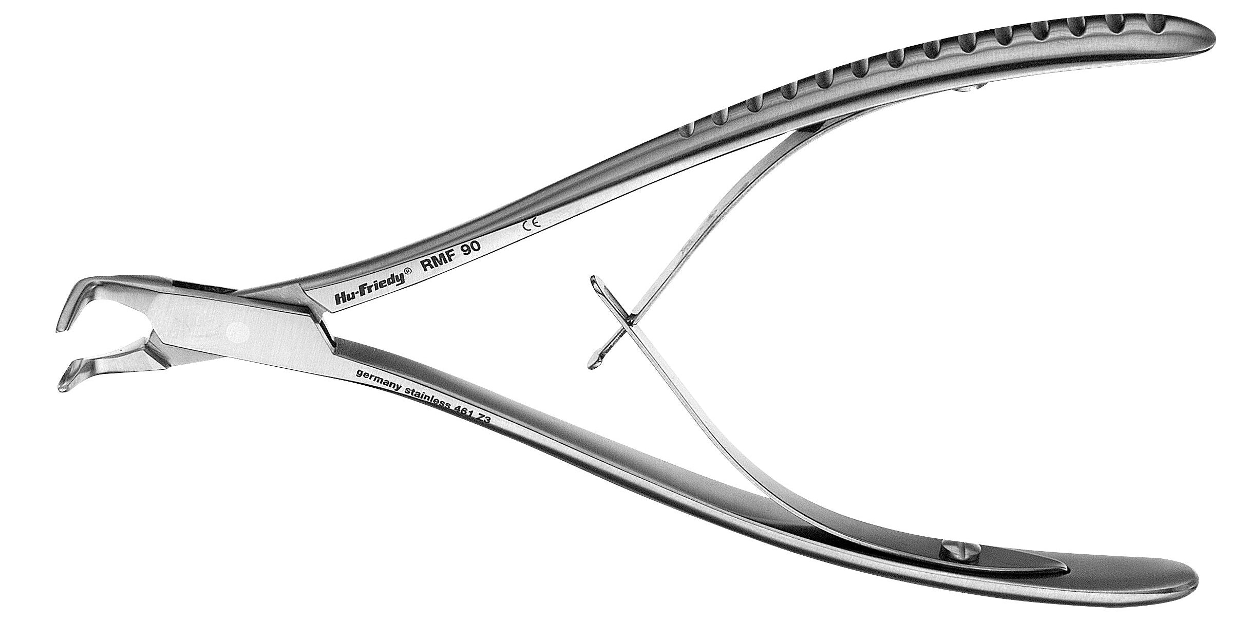 The Hu-Friedy Friedman 90 degree Rongeurs are stainless steel dental pliers with a curved handle and spring mechanism, ideal for trimming alveolar bone, shown isolated on a white background.