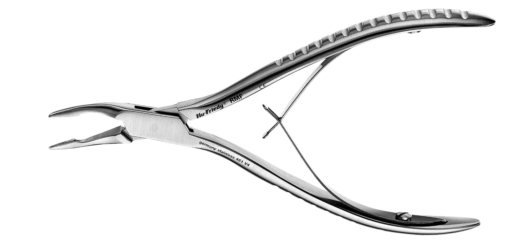 The Hu-Friedy Friedman Mini Rongeurs  are stainless steel dental pliers with a curved handle and spring mechanism, ideal for trimming alveolar bone, shown isolated on a white background.