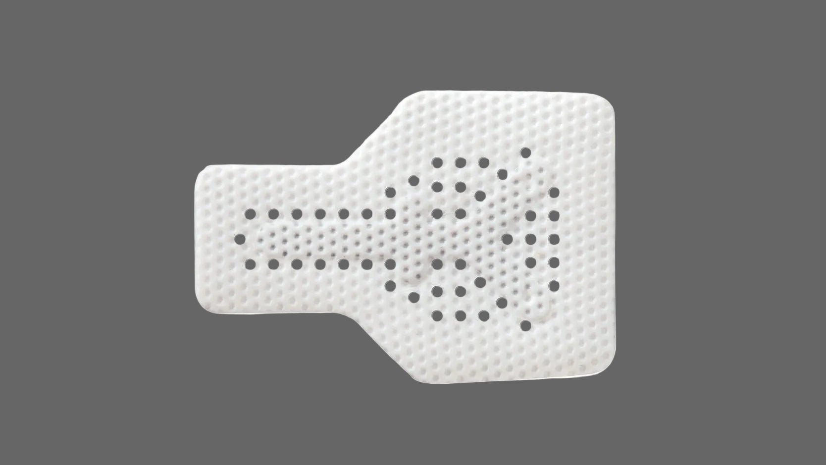 The RPM™ Reinforced PTFE Mesh Membrane by Osteogenics is a white, textured mesh with evenly spaced holes and a left-side tab, designed for ridge augmentation or GBR, shown on a plain gray background.