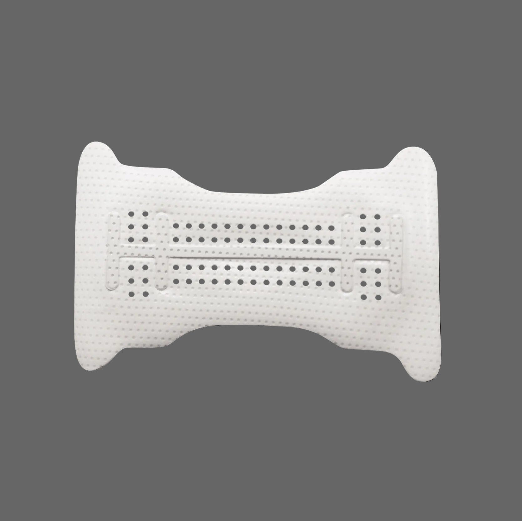 The RPM™ Reinforced PTFE Mesh Membrane by Osteogenics is a white, perforated bone-shaped orthopedic support with two wide ends, a narrow middle, and multiple small holes for guided bone regeneration, shown against a solid gray background.