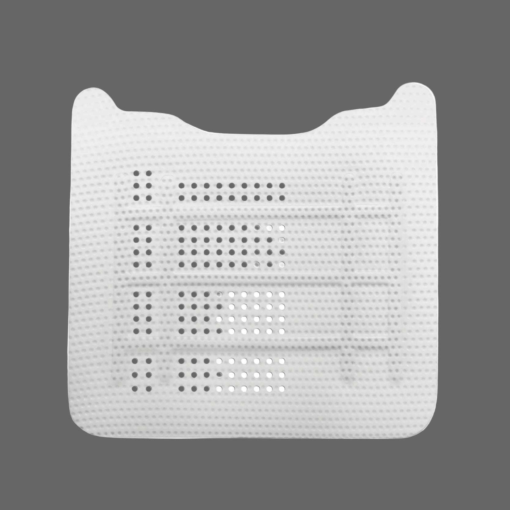The RPM™ Reinforced PTFE Mesh Membrane (Box/1) by Osteogenics is a white perforated sheet with rounded edges and two small top protrusions for guided bone regeneration, shown on a gray background.