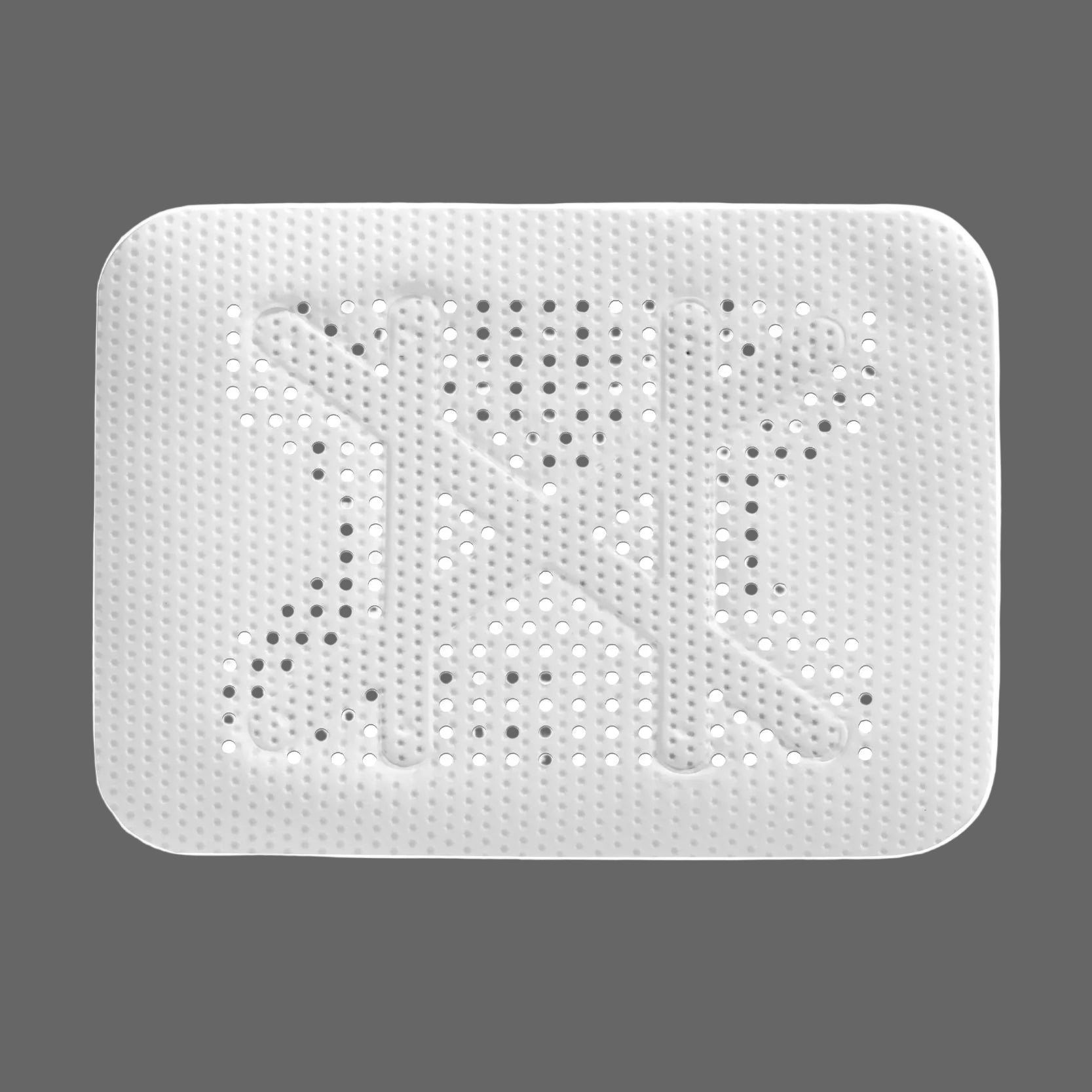 The Osteogenics RPM™ Reinforced PTFE Mesh Membrane (Box/1) is a white rectangular pad with rounded corners and a pattern of small holes, used in guided bone regeneration and ridge augmentation, shown against a plain gray background.