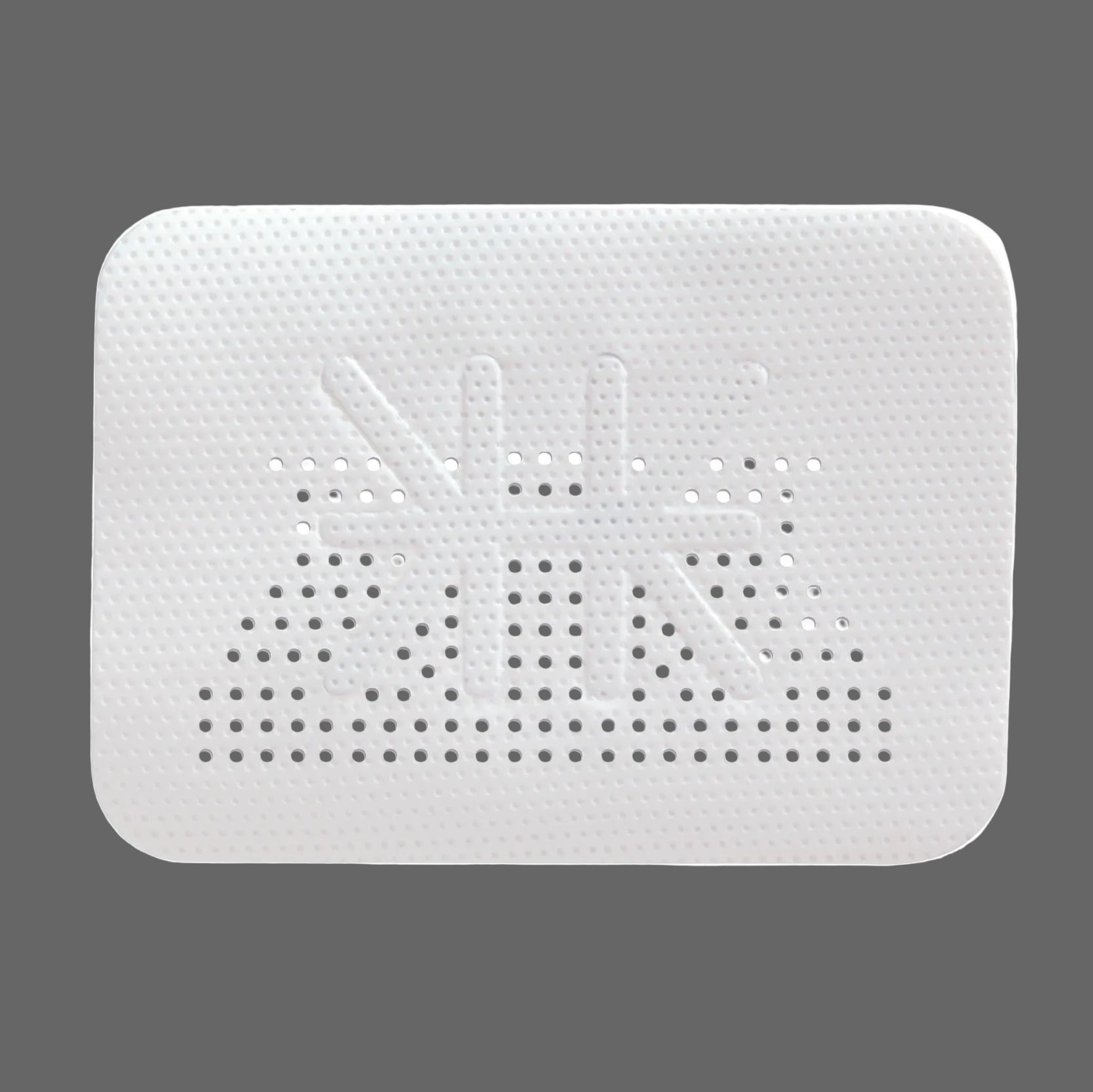 The RPM™ Reinforced PTFE Mesh Membrane (Box/1) by Osteogenics, a rectangular white foam object with rounded corners and geometric perforations for ridge augmentation or guided bone regeneration, is shown on a solid gray background.