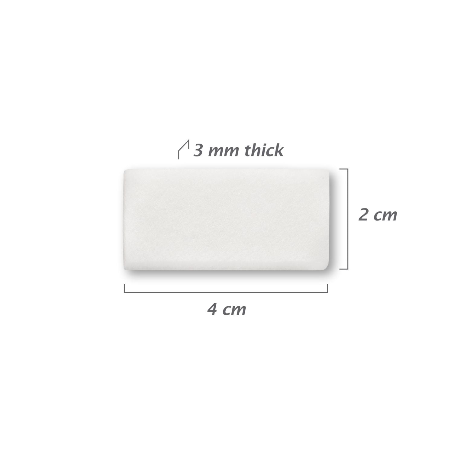 The Osteogenics RTMFoam Resorbable Bovine Collagen Wound Sponge is a white, rectangular pad (2 x 4 cm x 3 mm) for hemostasis and soft tissue regeneration, with labeled dimensions shown on a plain white background. Box of 10.