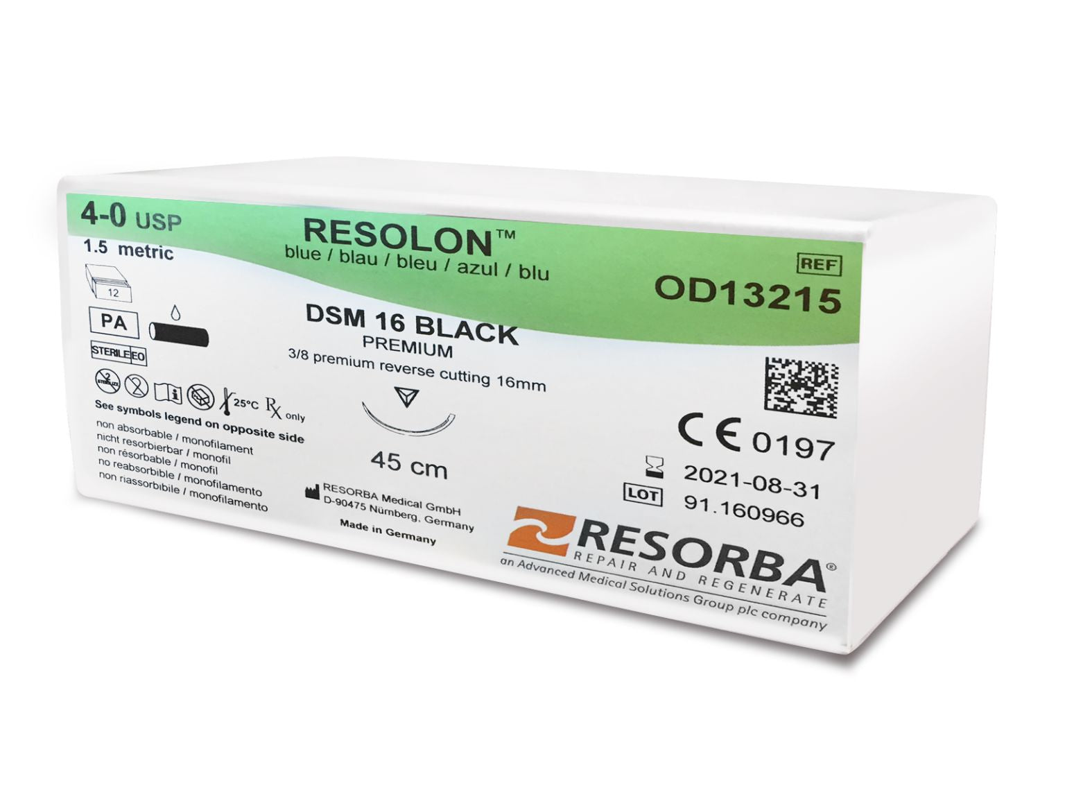 A box of Resorba Resolon Nylon Sutures, non-absorbable monofilament dental sutures by Resorba, DSM 16 Black, 4-0 USP, 45 cm. Ideal for soft tissue or periodontal flap closure. Multilingual packaging includes specs and company info.