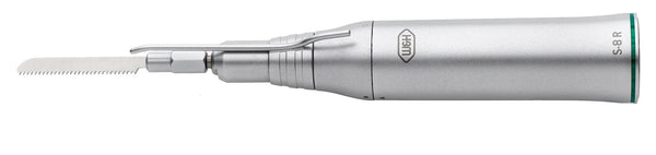 The W&H S-8R Reciprocating Saw Handpiece is a metallic surgical tool with a flat serrated blade, designed for precise bone cutting in cranio-maxillo-facial surgery, shown isolated on a white background.