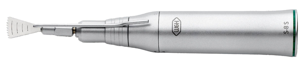 W&H S-8S sagittal saw handpiece with saw blade attached, side view