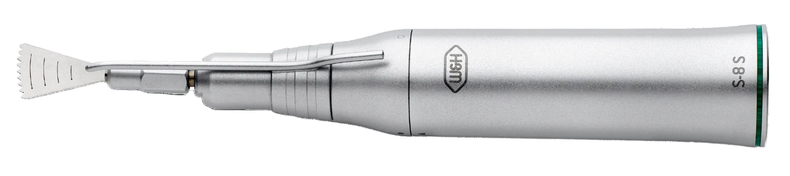 The W&H S-8S Sagittal Saw Handpiece by W&H features an angled, serrated-end attachment and appears in silver, displayed against a white background.