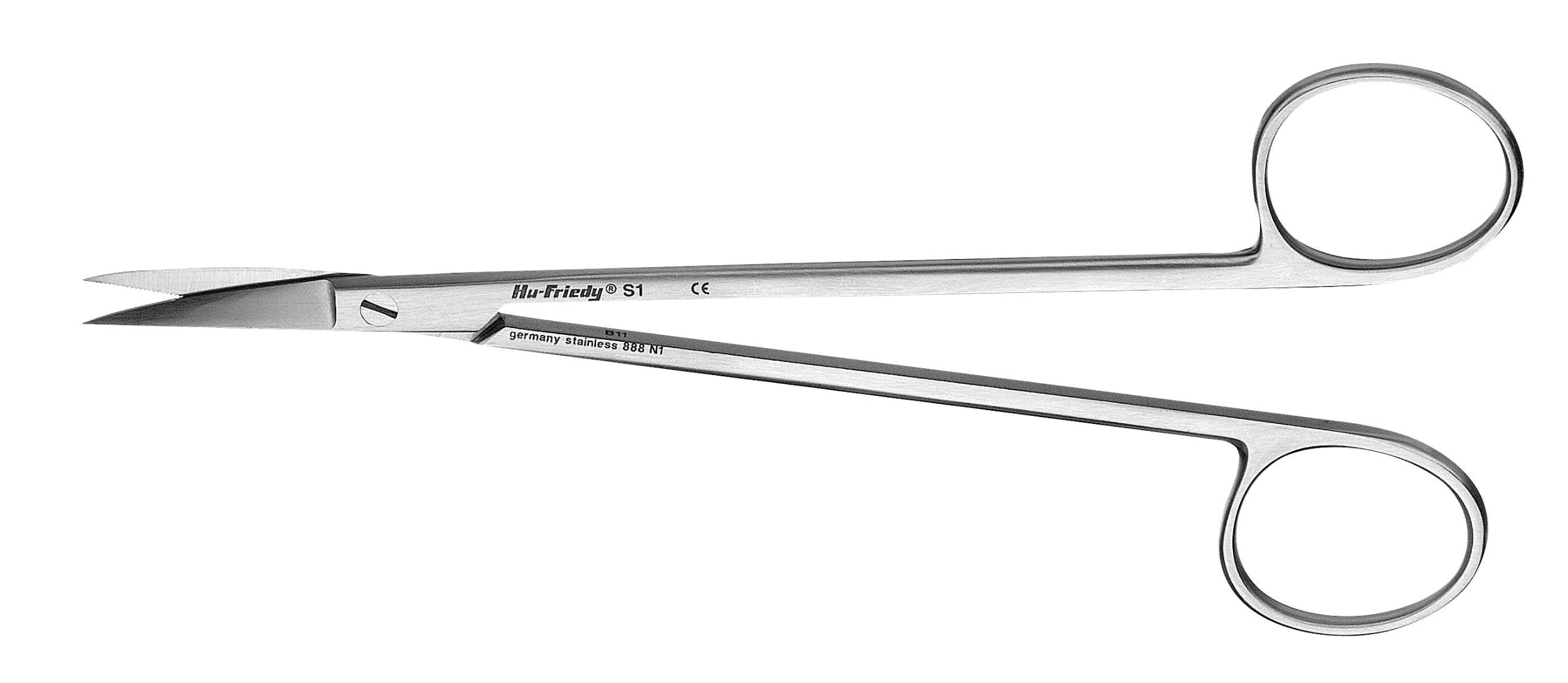 The Hu-Friedy Kelly Scissors, Xemax heavy-duty surgical scissors (16 & 18 cm), feature curved stainless steel blades and two finger holes, ideal for oral surgery and other procedures. Shown on a white background.