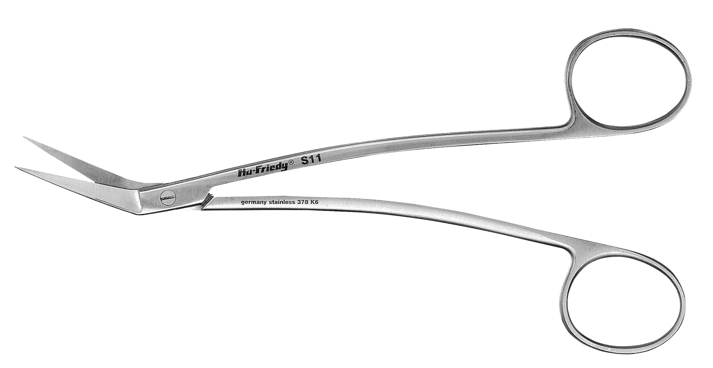 A pair of Hu-Friedy Locklin Scissors by Hu-Friedy, with curved, angled surgical blades, two finger holes, and a sharp, narrow serrated cutting edge, displayed on a white background.